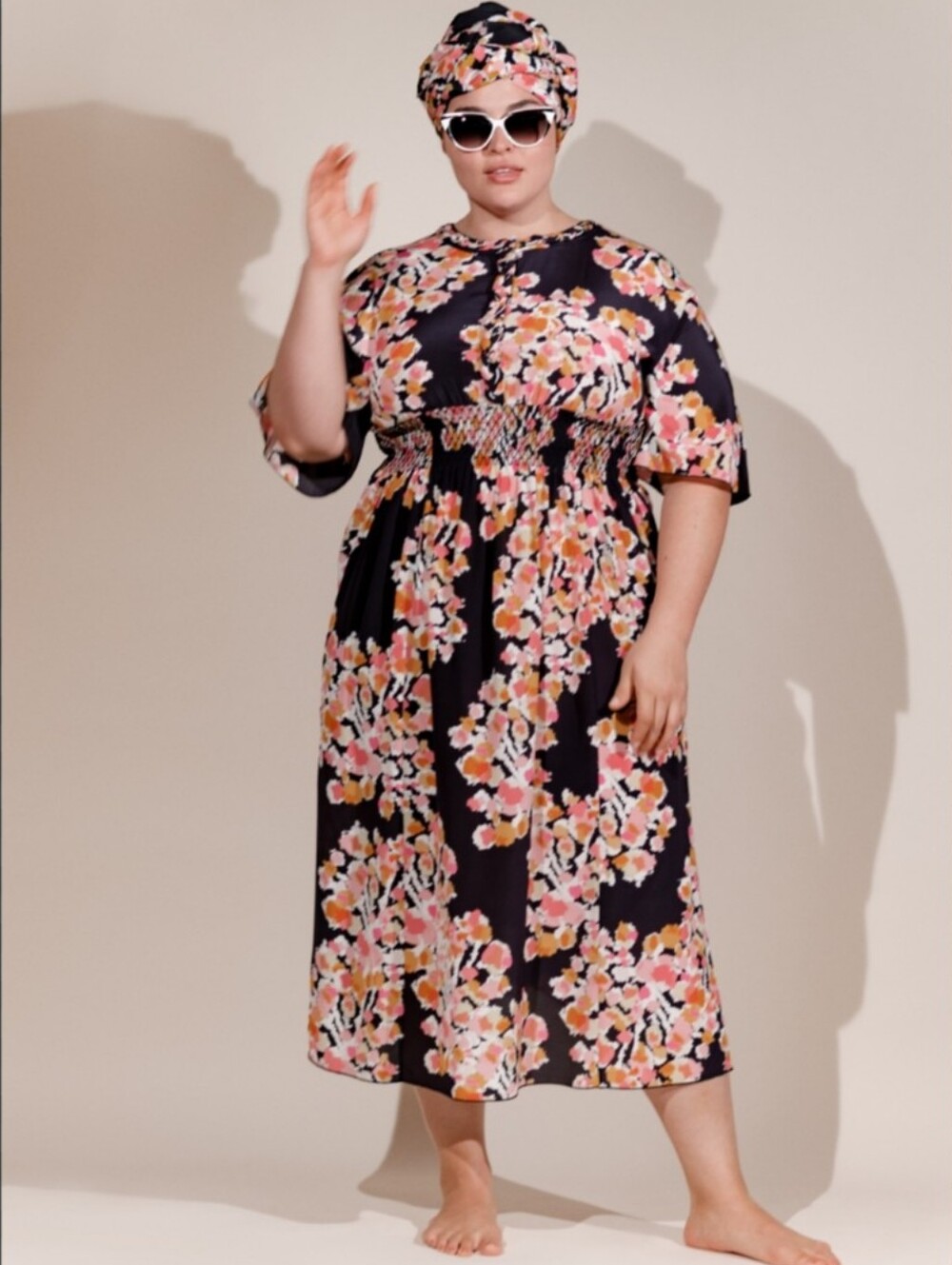 Dyvna Dress Silk Abstract Floral Smocked Waist Midi Dress